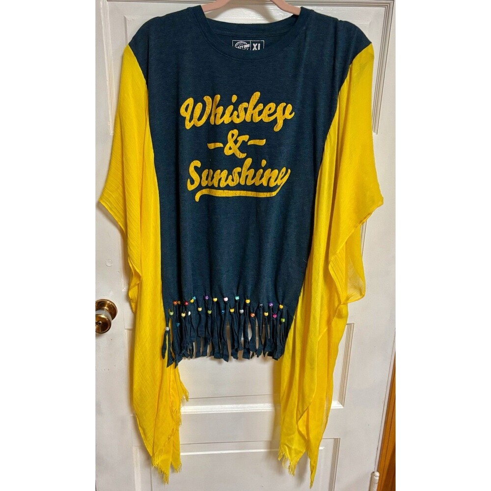 Upcycled Whiskey  Sunshine Kimono Sleeve Navy & Yellow Beaded Top Retro Hippie